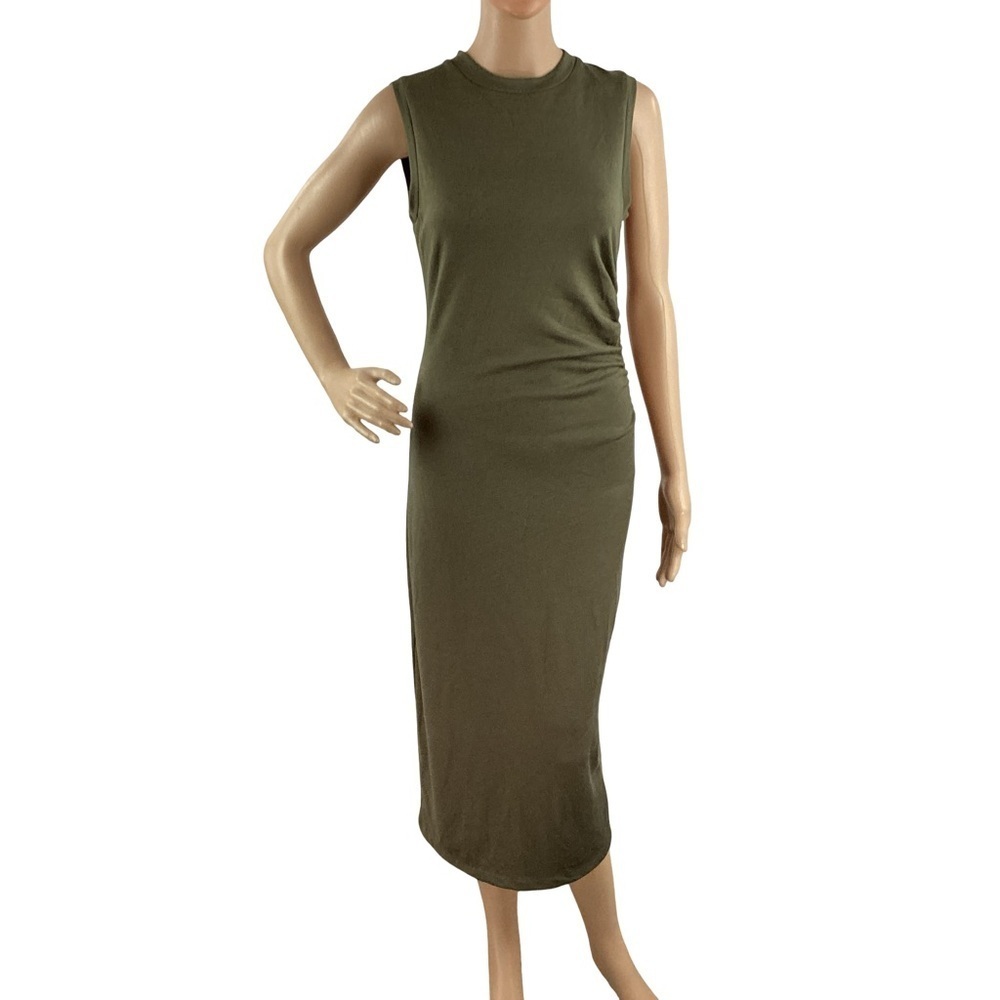 Vince Side Ruched Sleeveless Knit Midi Dress Olive Green Size XS